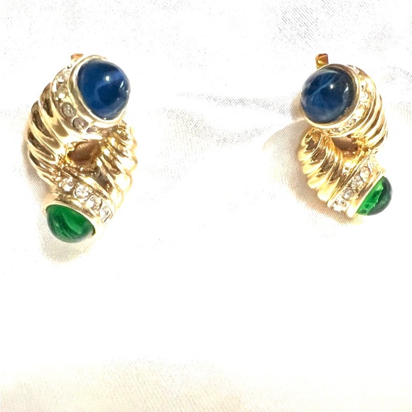 Vintage Gold Cabochon Hoop Earrings - Picture 2 of 6